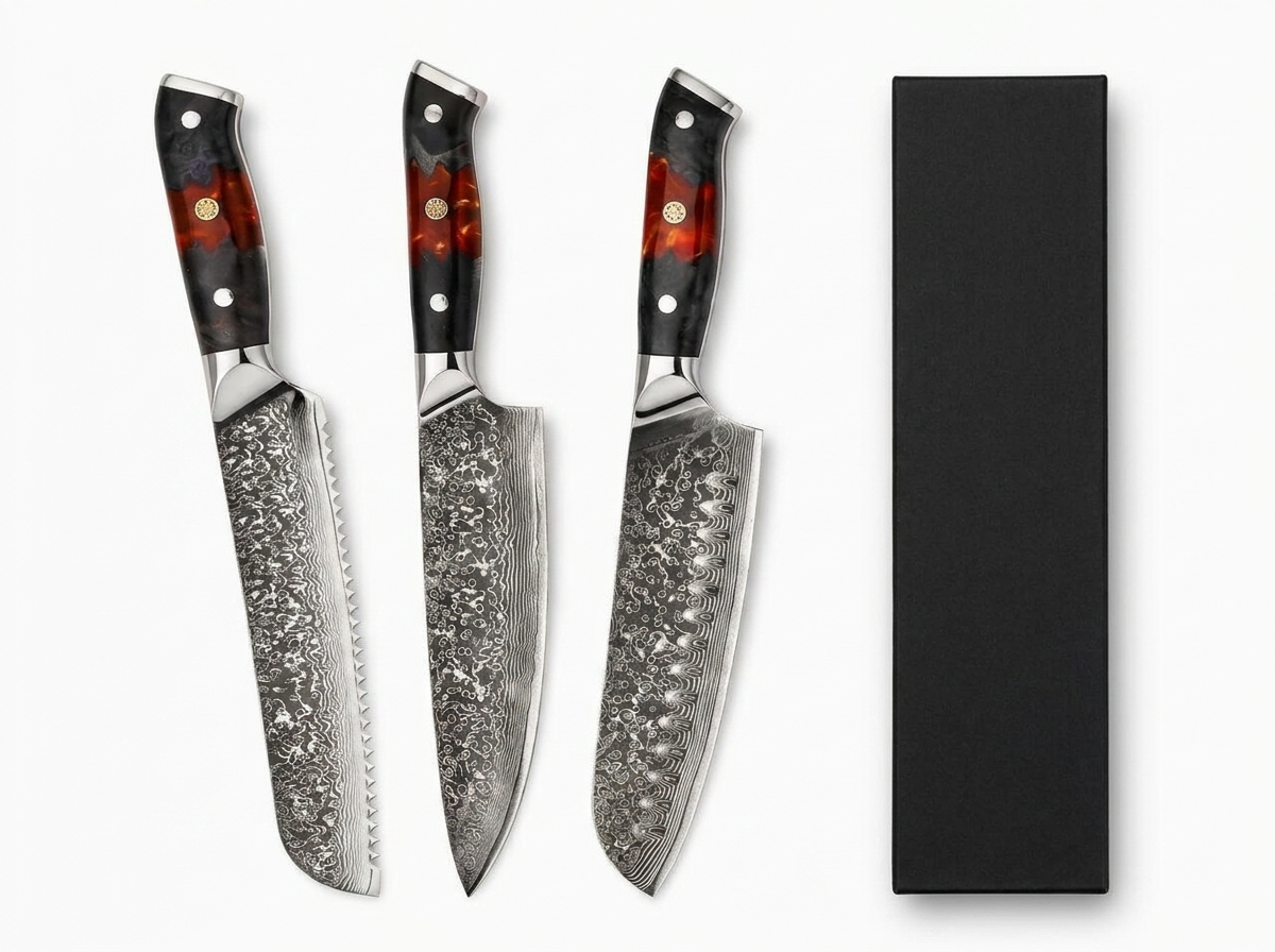 Set 3 Couteaux japonais kaminari - Santoku , Chef , Couteau à Pain