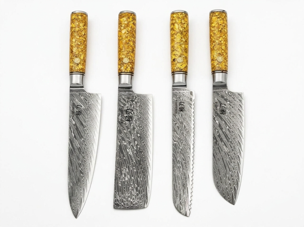 Set 4 Couteaux japonais kaminari - Santoku , Chef , Nakiri , Couteau à Pain